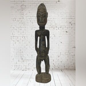 African Tribal Art Carved Wood Baule Fertility Male Statue - Ivory Coast 23.5"